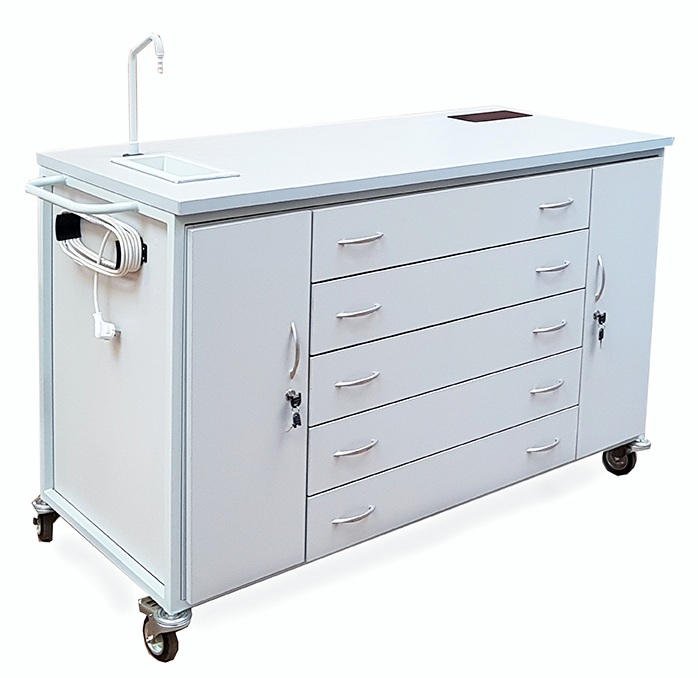 Szafka laboratoryjna mobilna z zasilaniem elektrycznym w blacie, zasilaniem w wodę, ze zlewem chemoodpornym